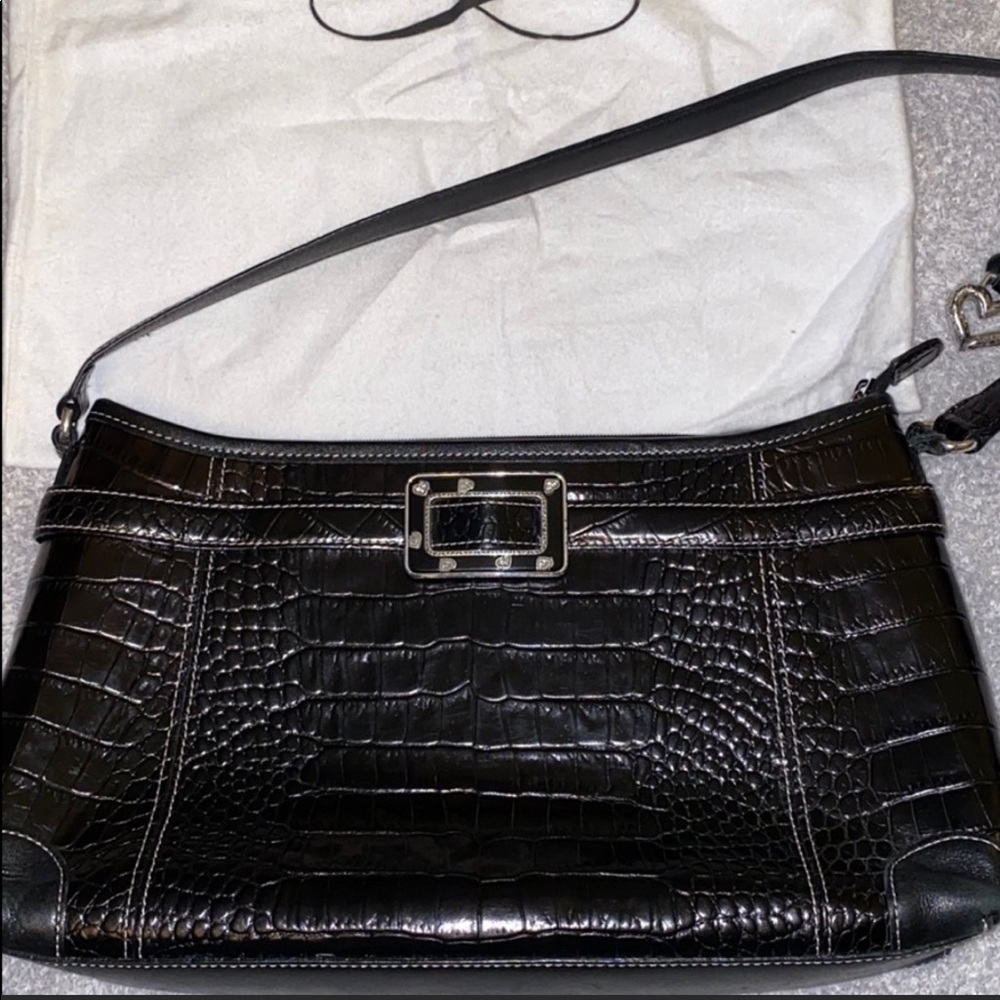Brighton Black Leather Crocodile Shoulder Bag